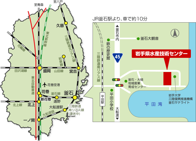 岩手県水産技術センターへのアクセスマップ。JR釜石駅より、車で約10分。